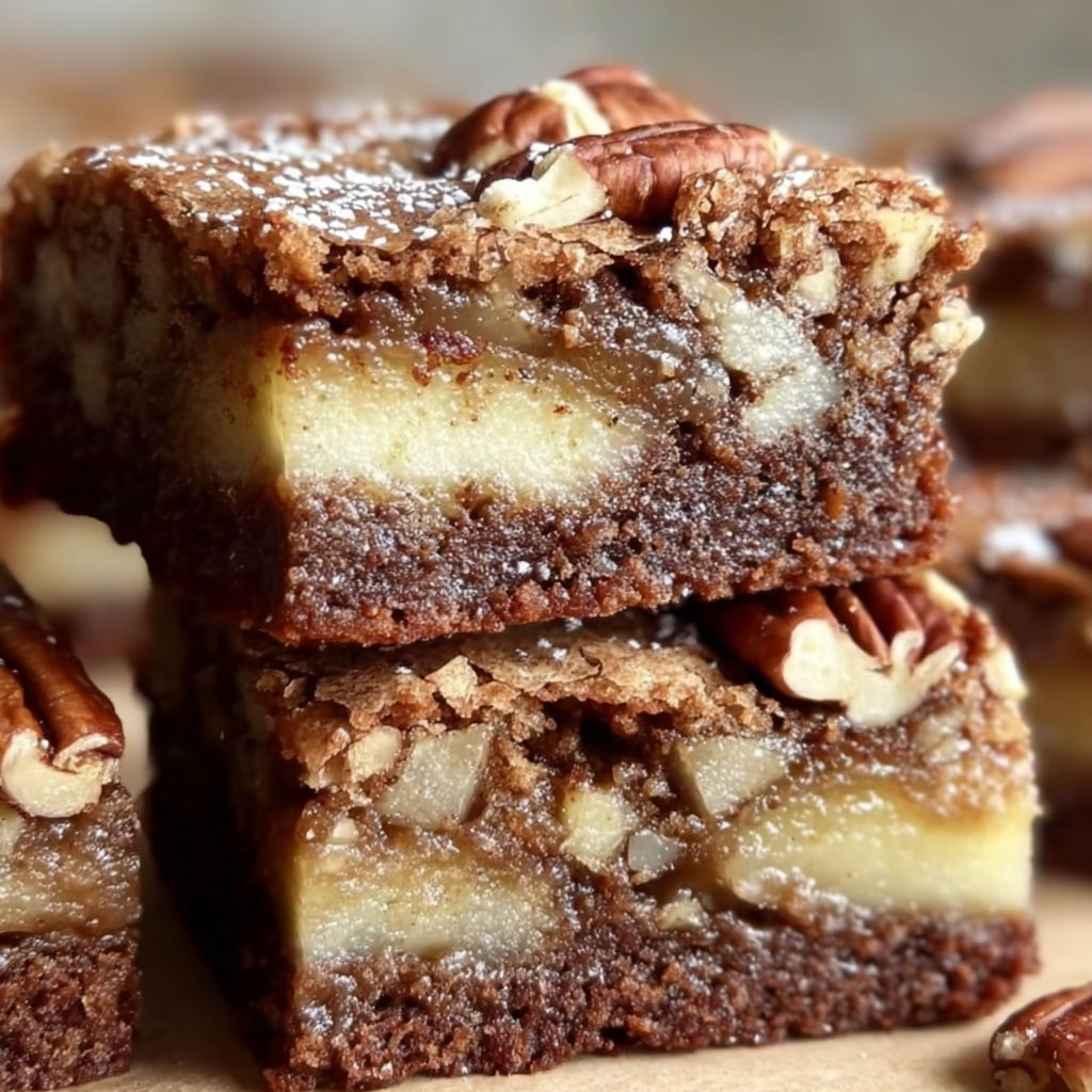 A stack of brownies with nuts on top.