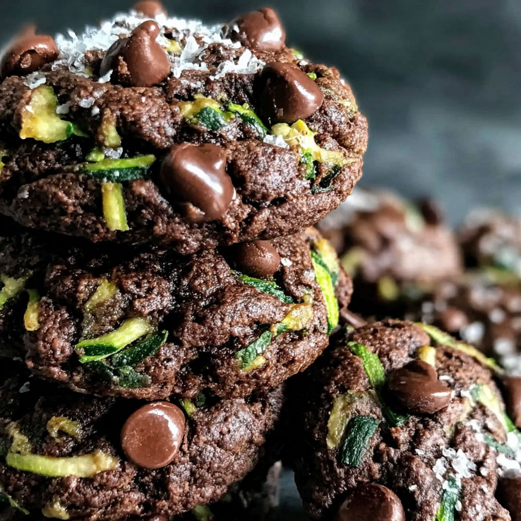 Chocolate chip zucchini bars stacked on a table.