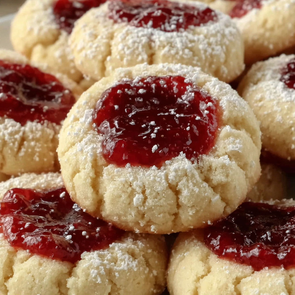 A pile of thumbprint cookies with raspberry jam.
