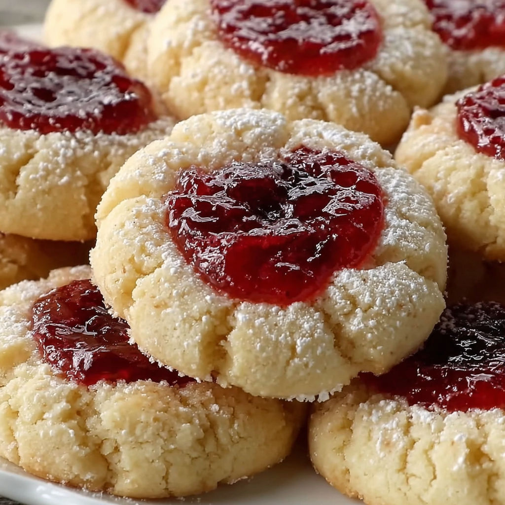 A plate of cookies with red jam in the middle.