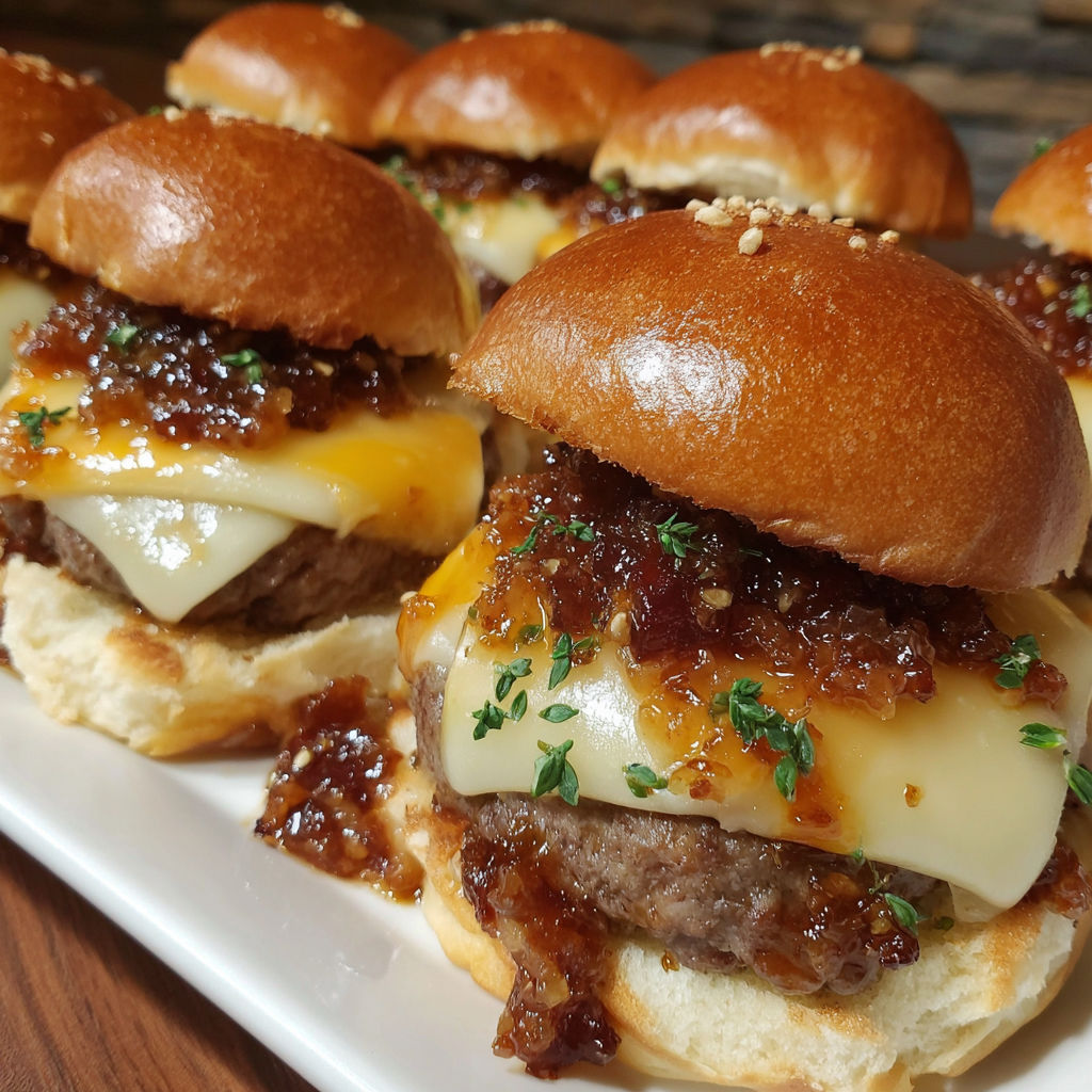 A plate of cheeseburger sliders with bacon jam.