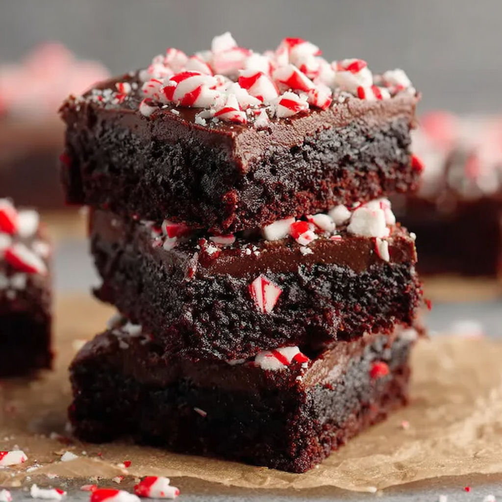 A stack of chocolate frosted peppermint brownies.