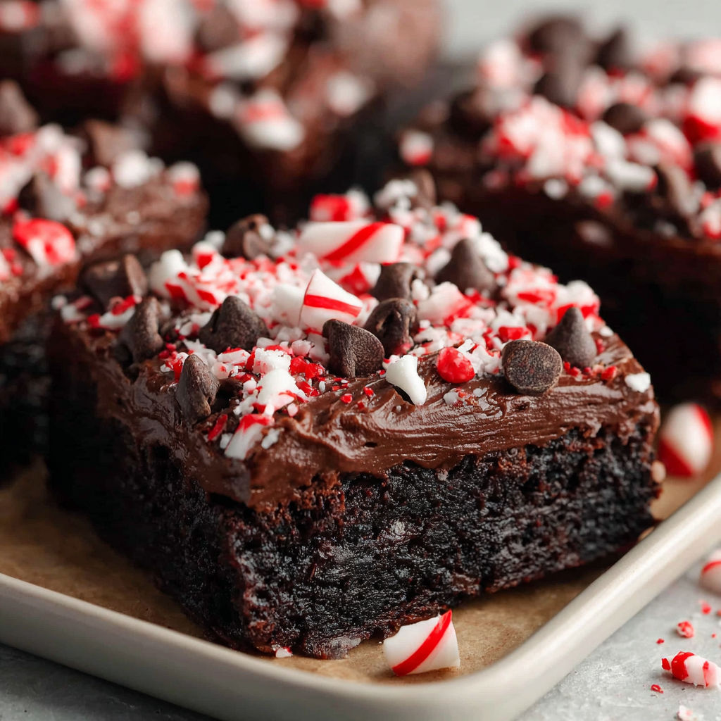 A plate of chocolate brownies with peppermint frosting.