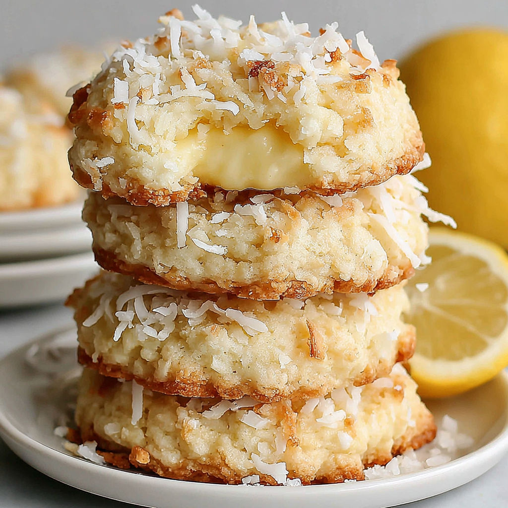 A stack of lemon coconut cheesecake cookies.