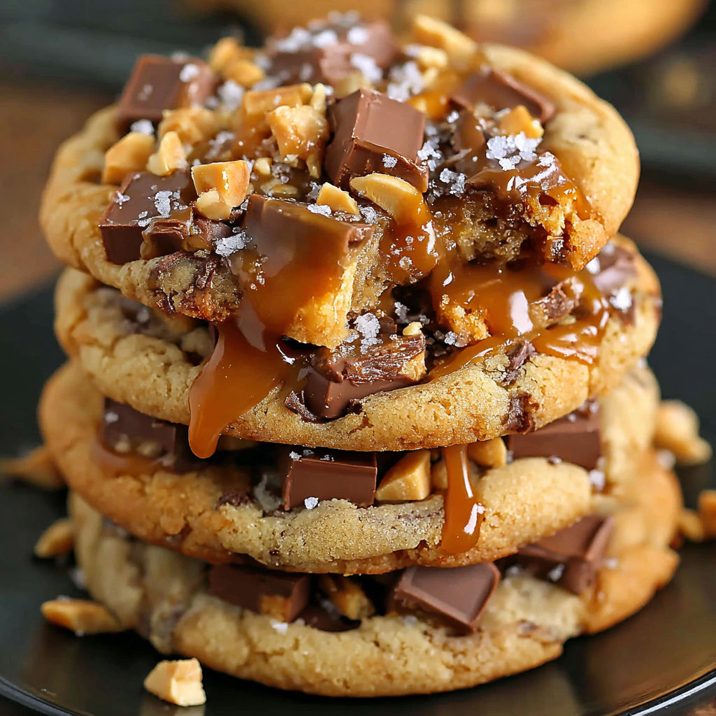 A stack of cookies with chocolate drizzle and nuts.