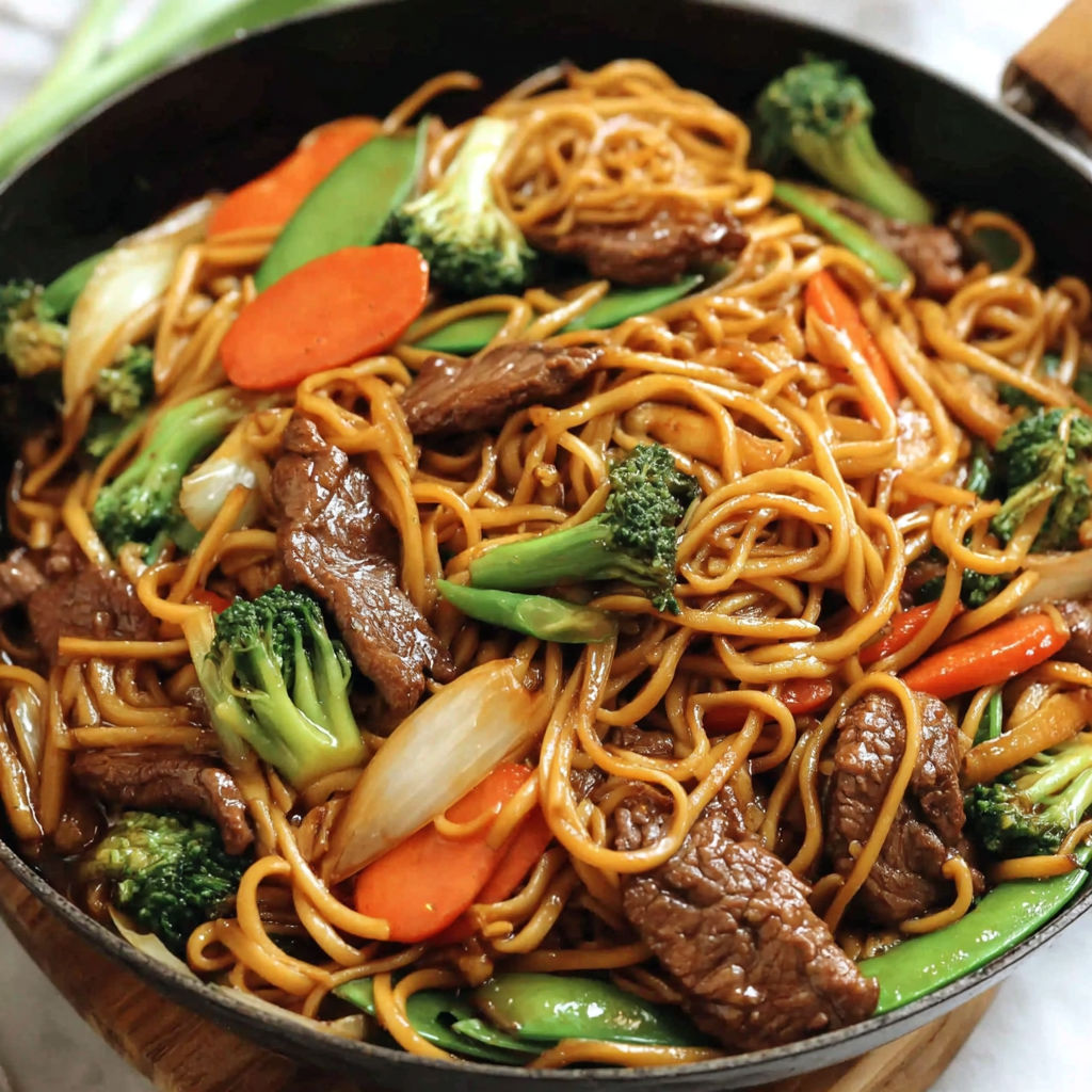 A bowl of noodles with meat and vegetables.