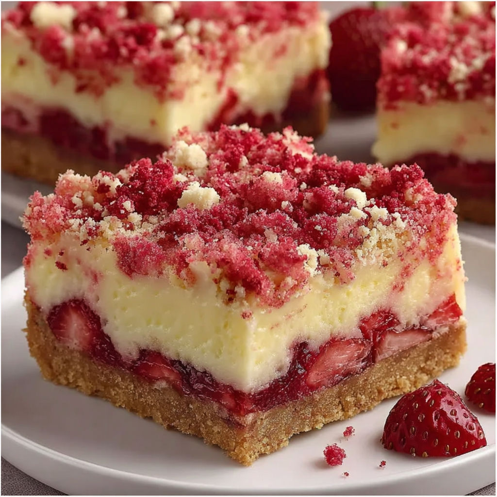 A slice of strawberry shortcake cheesecake bars.