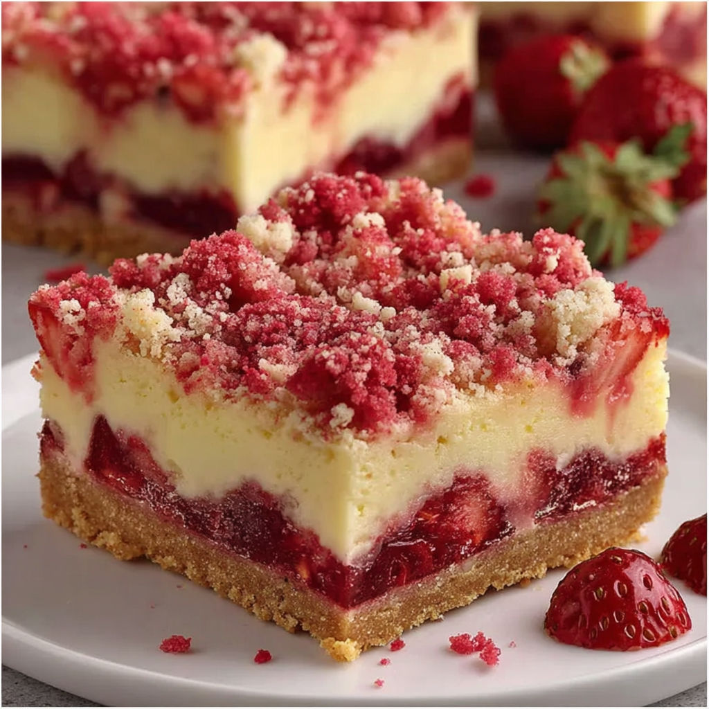 A slice of strawberry shortcake cheesecake bars.