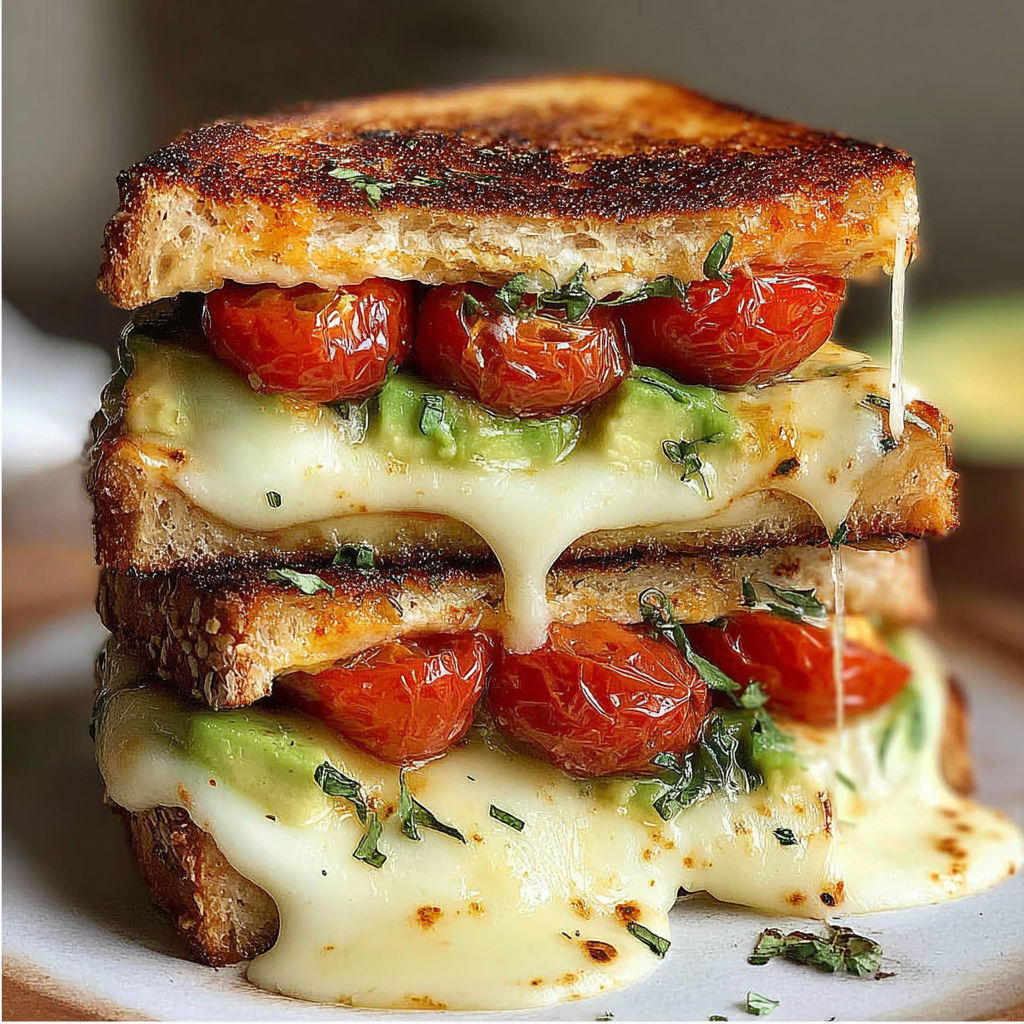 A stack of grilled cheese sandwiches with tomatoes and avocado.