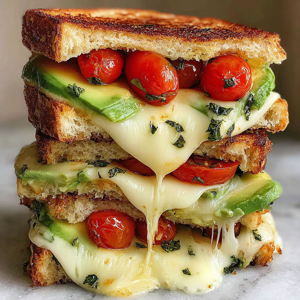 A stack of grilled cheese sandwiches with tomatoes and avocado.