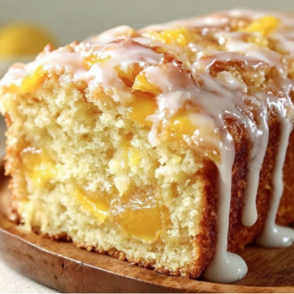A slice of peach cake with white icing.