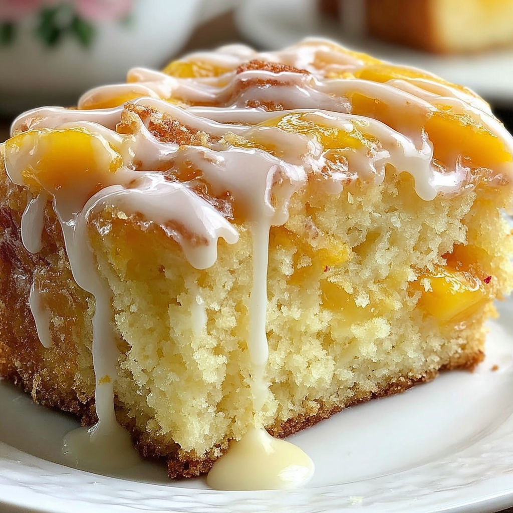 A slice of cake with a drizzle of icing.