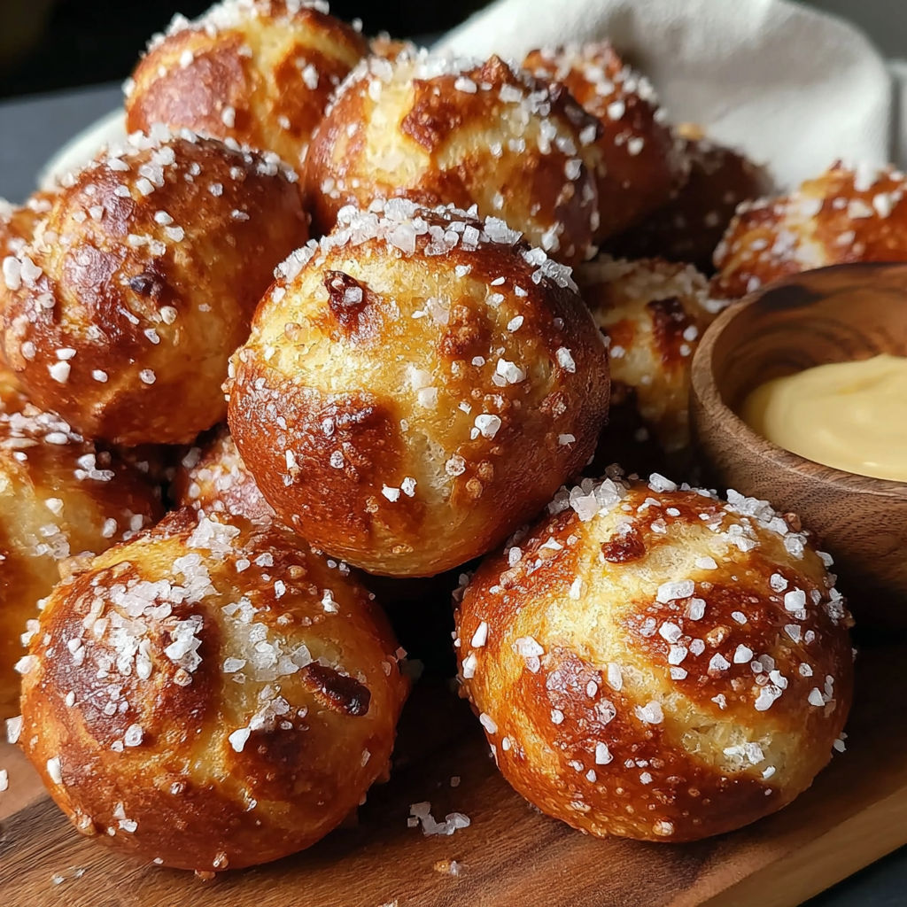 A wooden cutting board with a bowl of buttery soft pretzel bites.