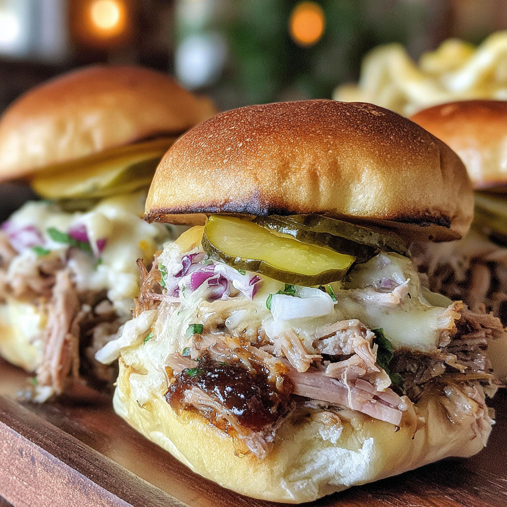 Two enticing Cuban sliders with pickles and cheese.