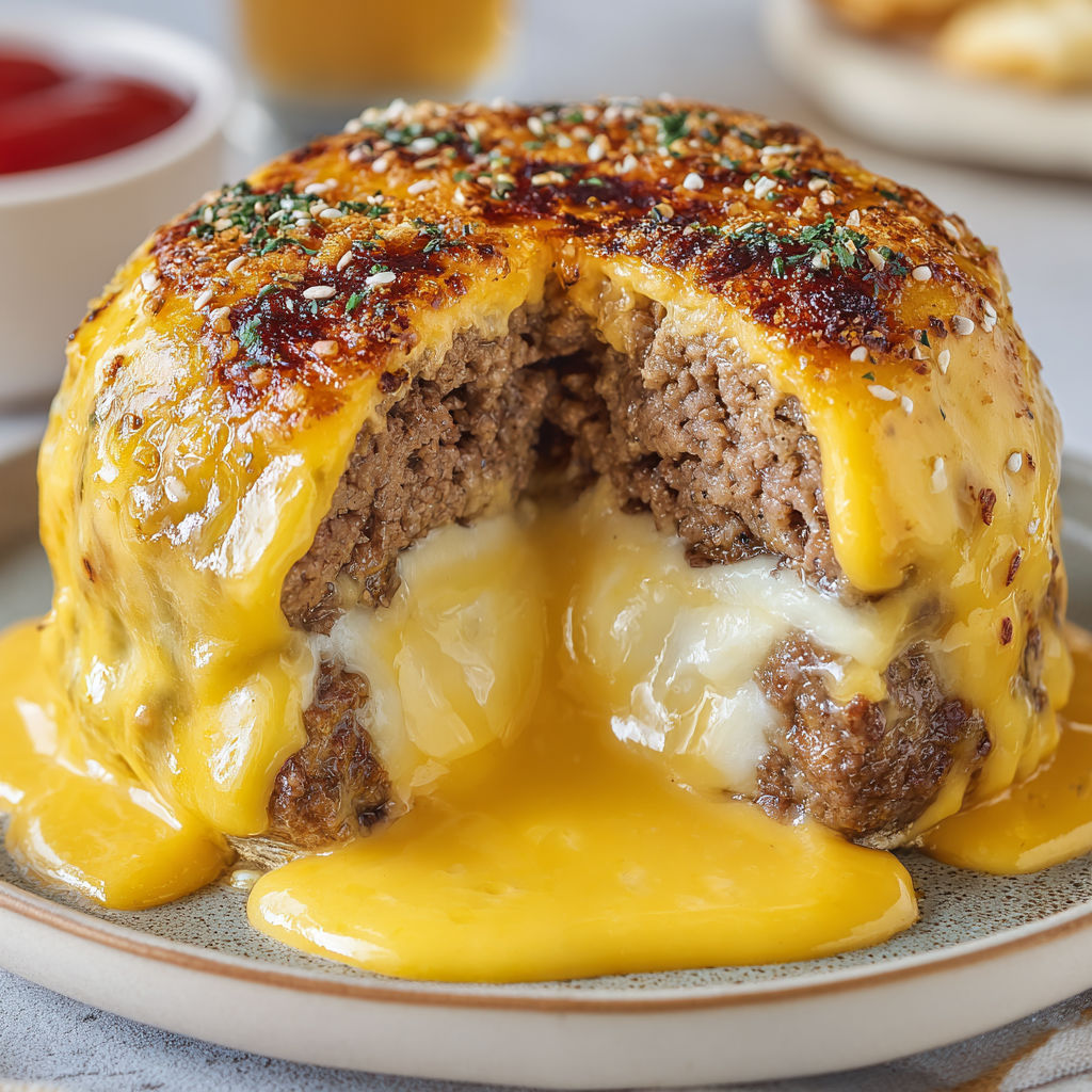 A cheeseburger lava cake with melted cheese.