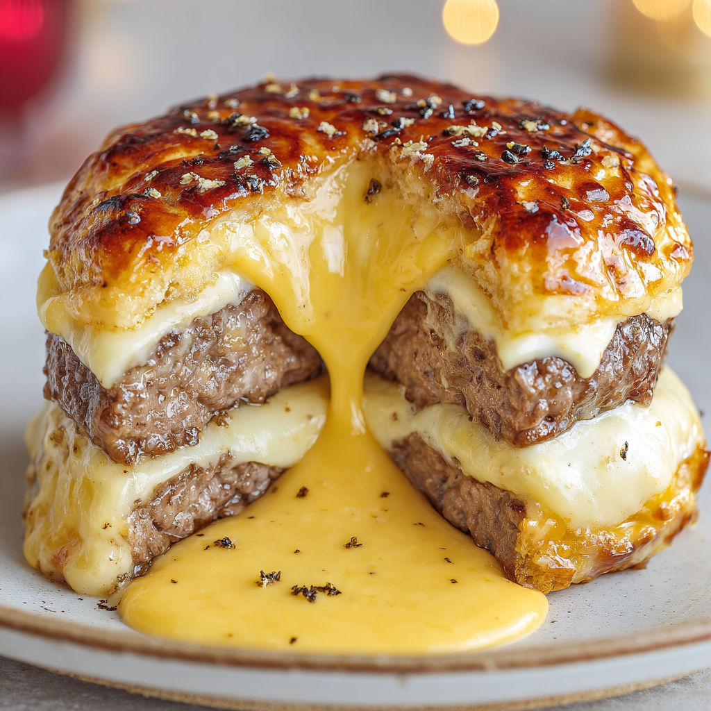 A close up of a burger with cheese and sauce.