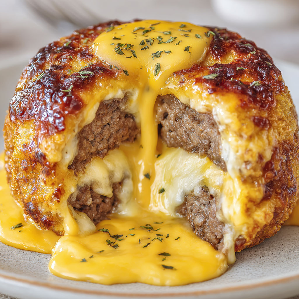 A cheesy meatball is on a plate.
