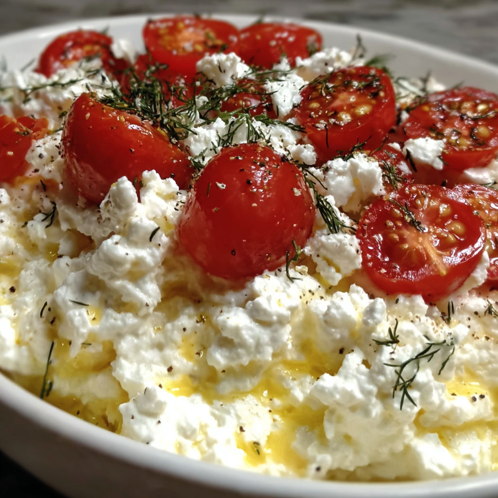 A bowl of feta yogurt with tomatoes and herbs.