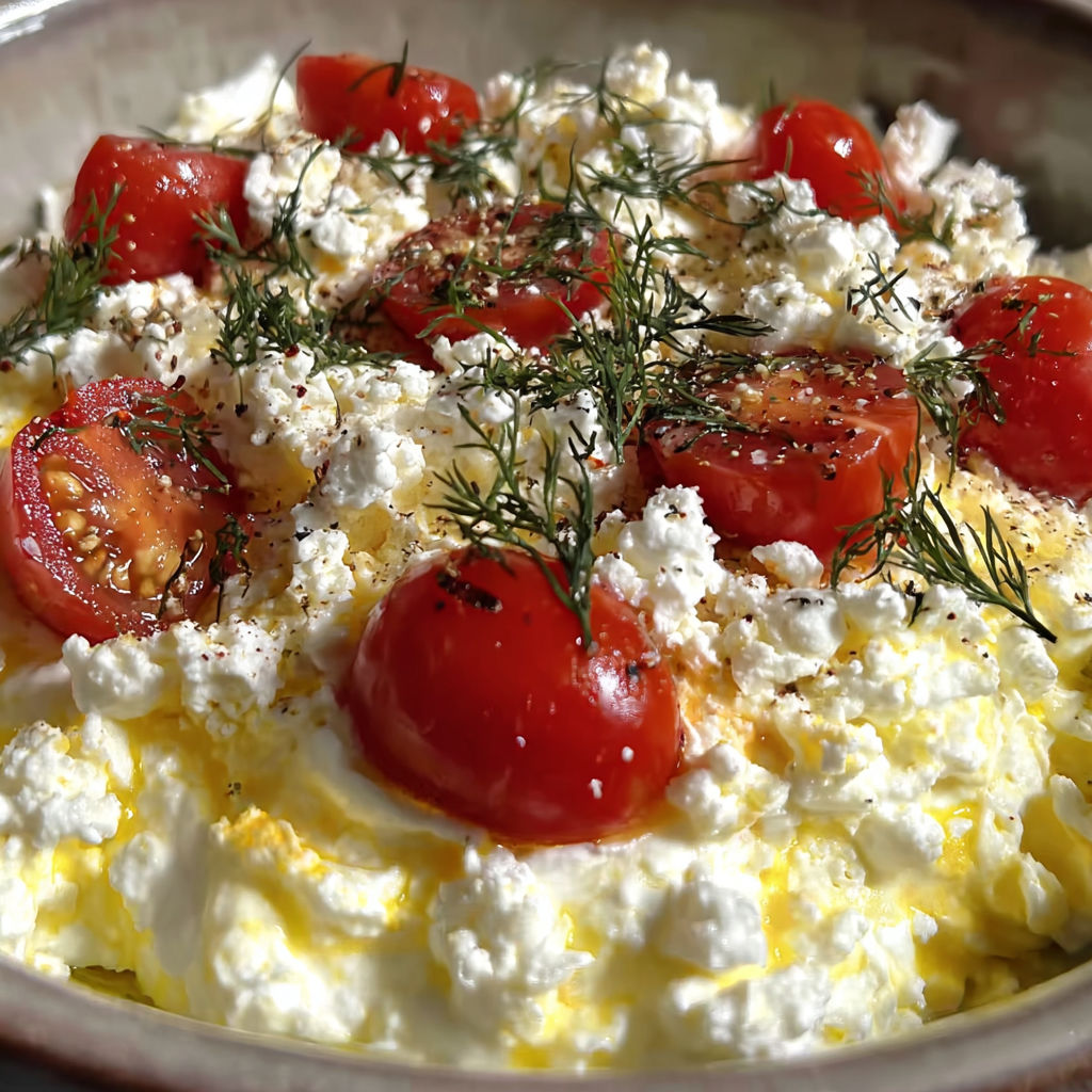 A bowl of garlic feta yogurt with tomatoes.