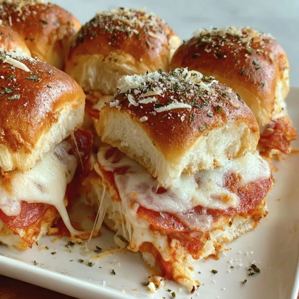 A plate of pizza sliders with cheese and pepperoni.