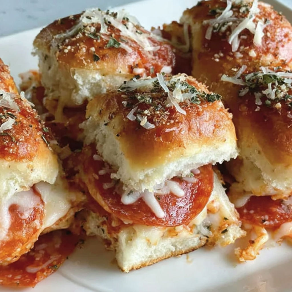 A plate of pizza sliders with cheese and pepperoni.