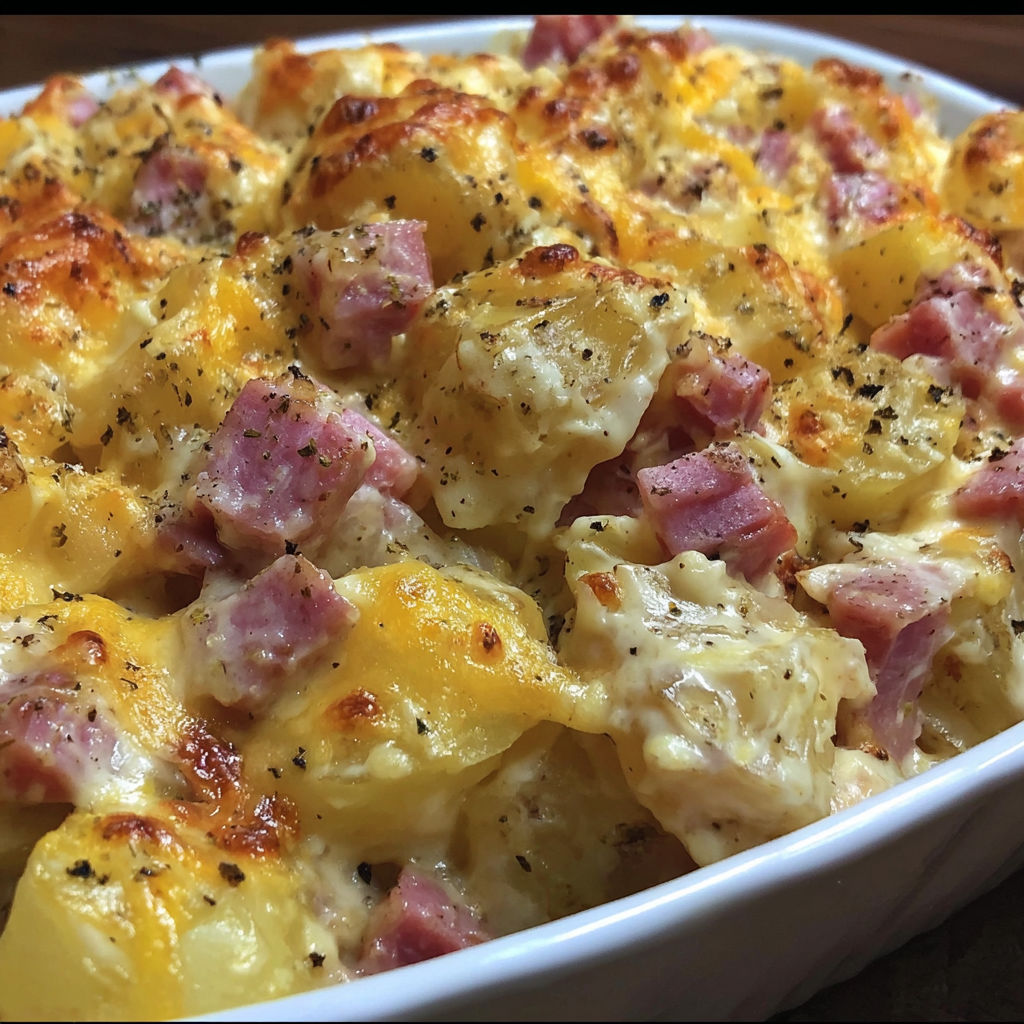 A cheesy ham potato casserole in a white bowl.