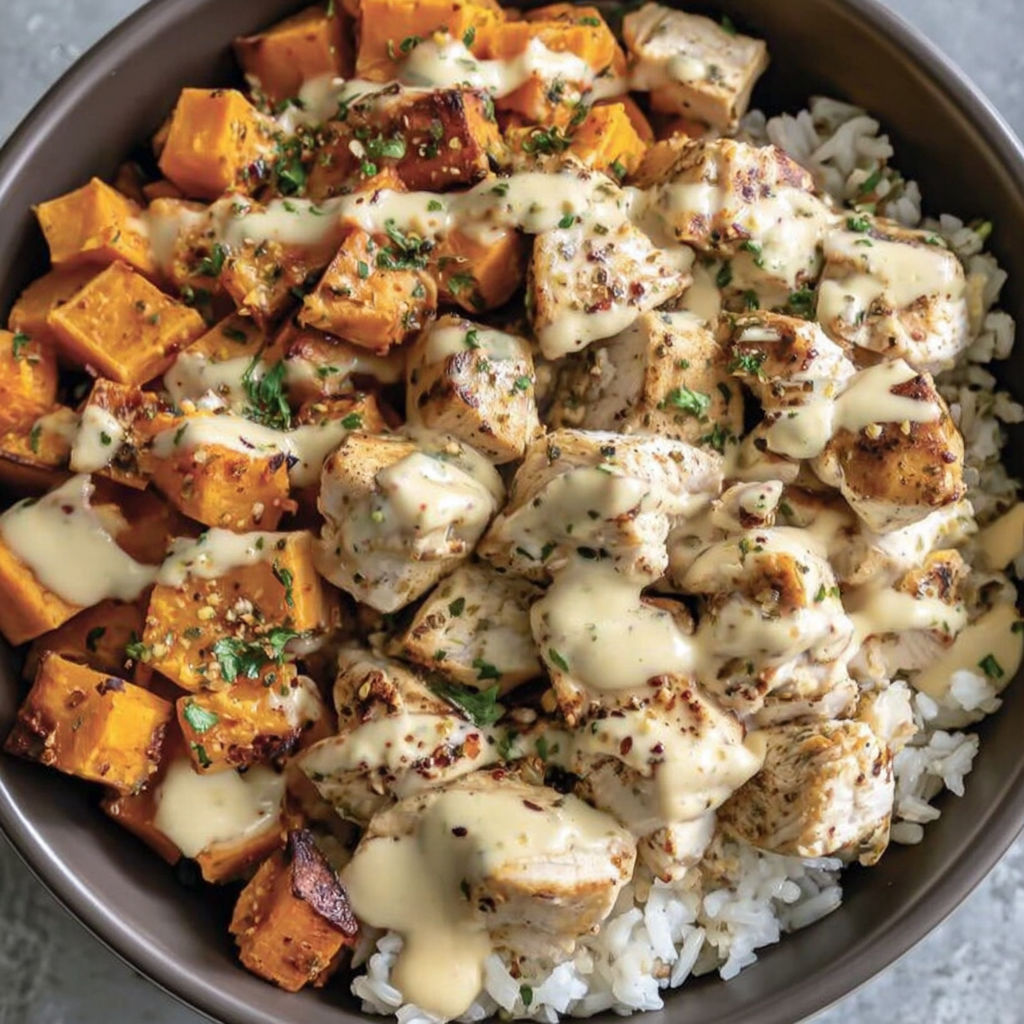 A bowl of rice and chicken with sweet potatoes.