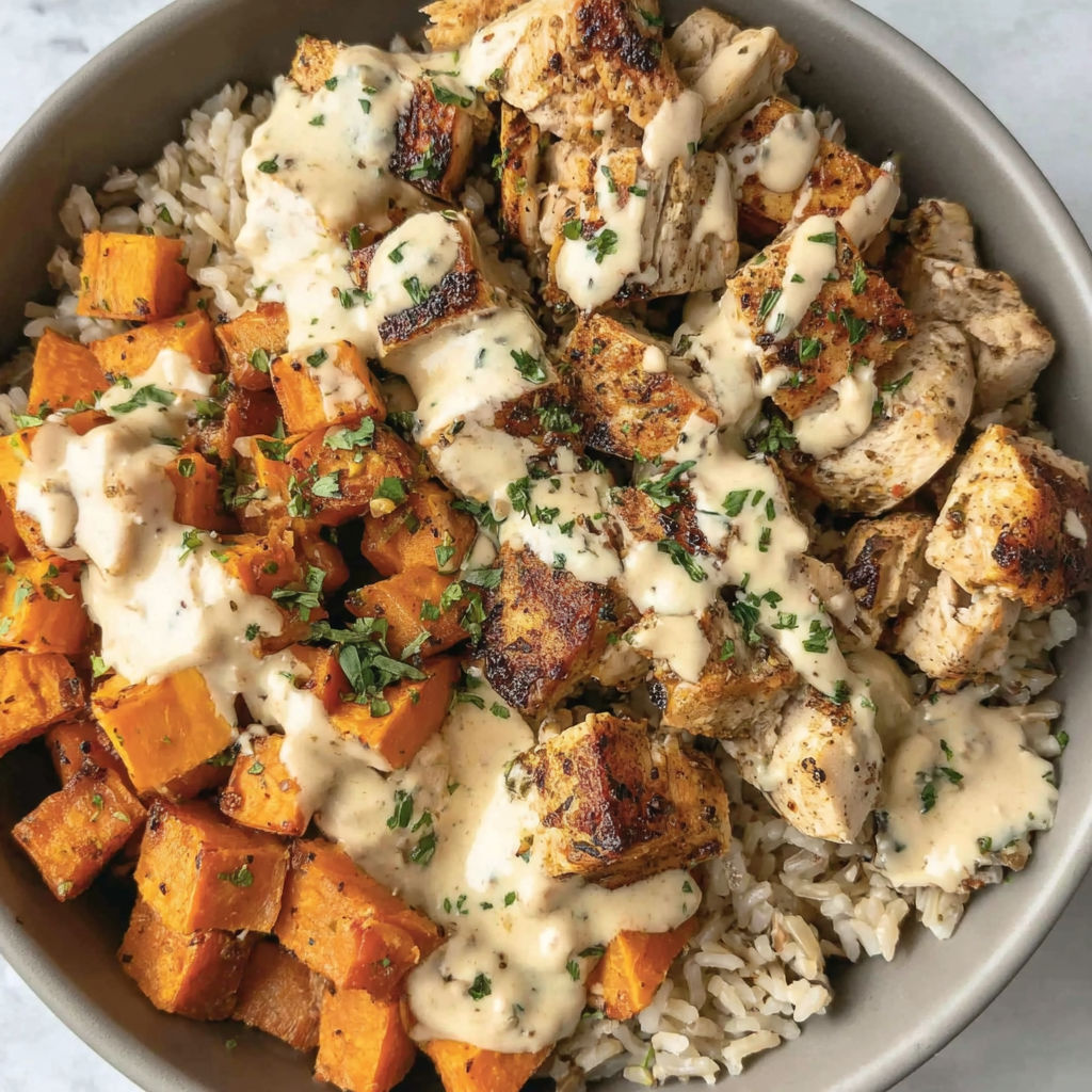 A bowl of food with rice, chicken, and carrots.