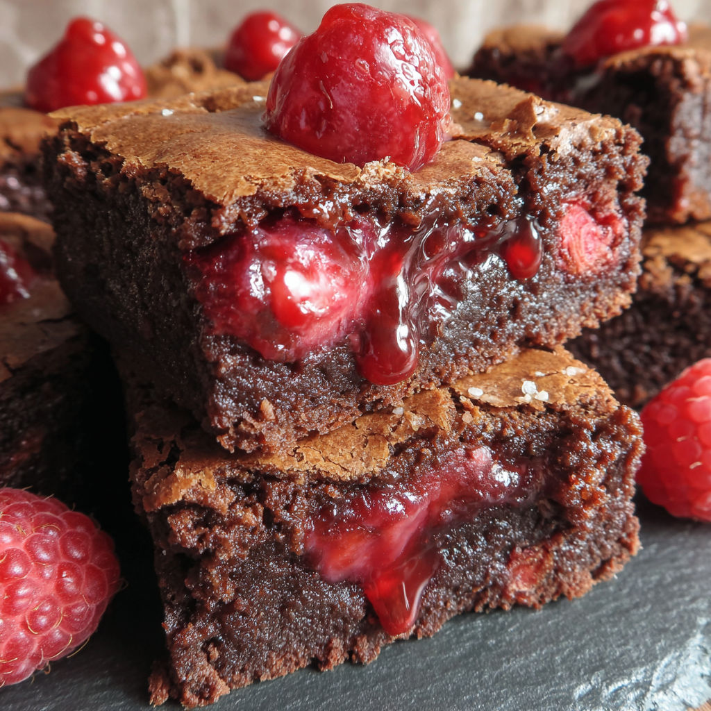 A close up of a chocolate brownie with raspberries on top.
