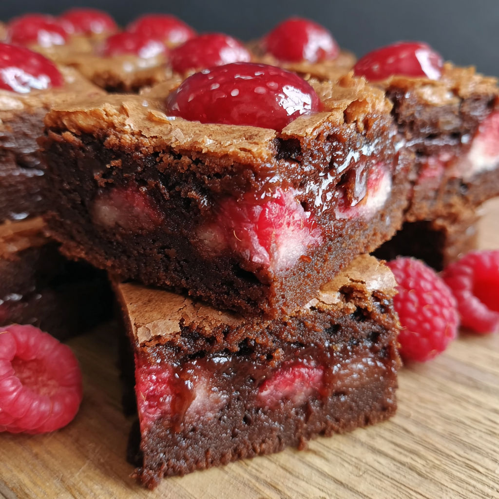 A close up of a chocolate brownie with raspberries on top.