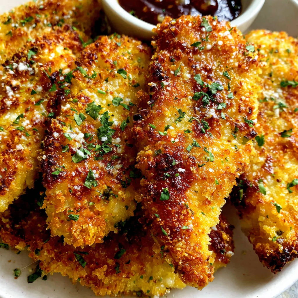 A plate of crispy baked chicken tenders.