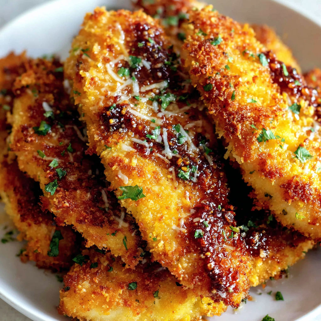 A plate of crispy baked chicken tenders.