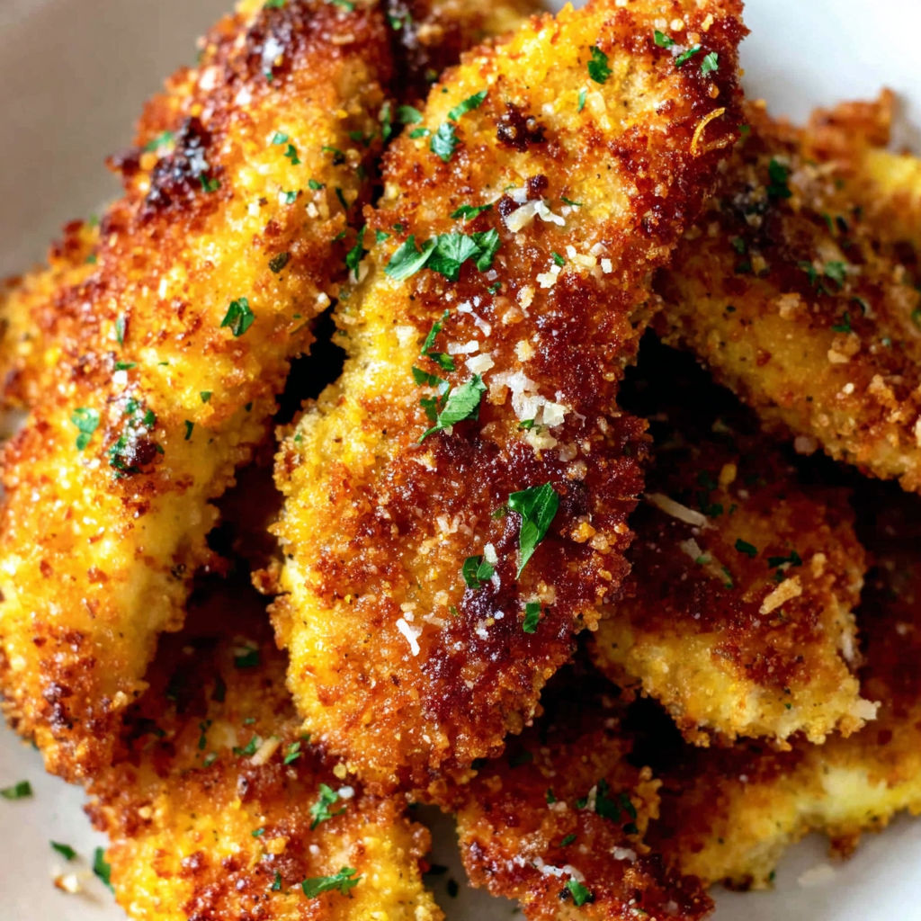 Crispy baked chicken tenders on a plate.