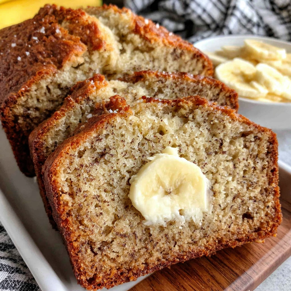 A slice of banana bread with a banana on top.
