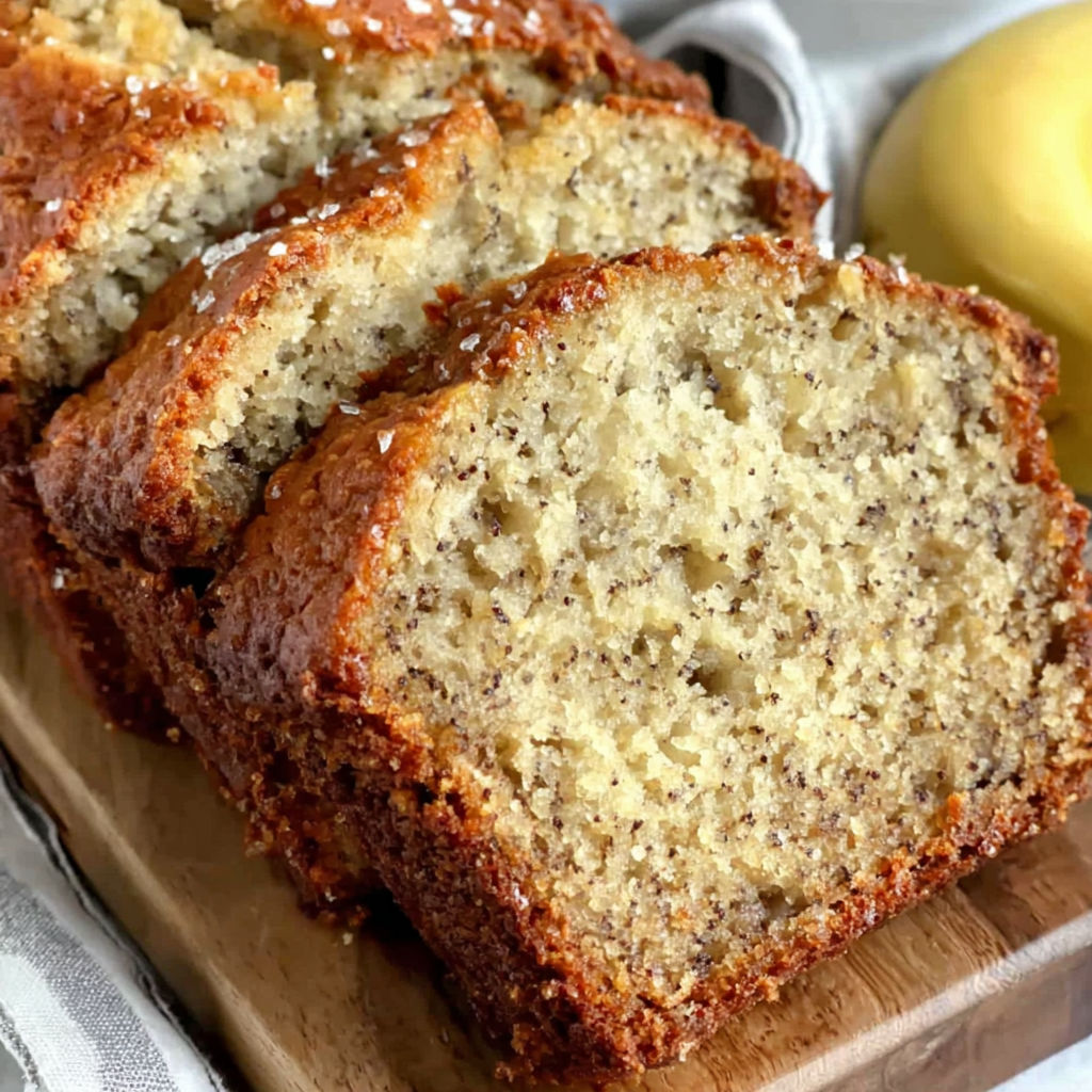 A loaf of banana bread with a yellow butter spread on top.