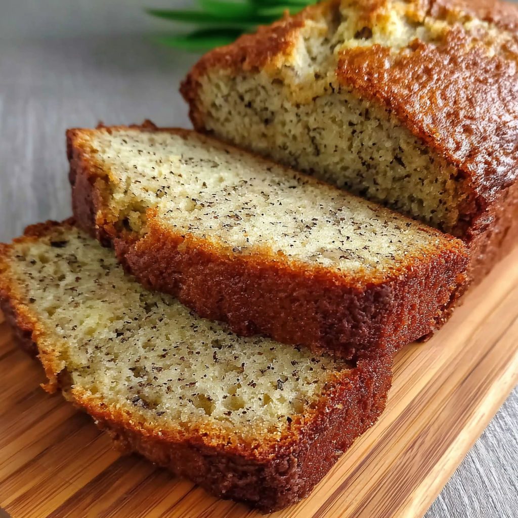 A slice of banana bread on a wooden cutting board.