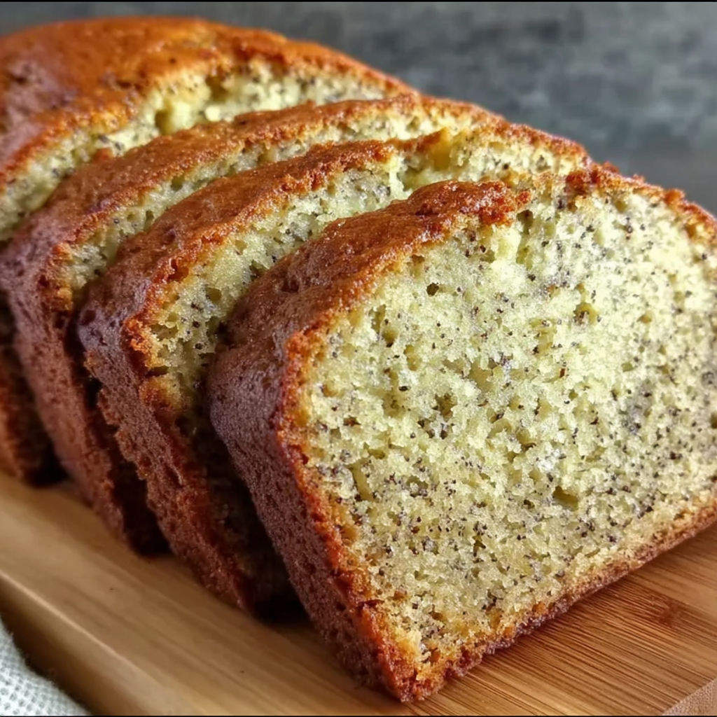 A loaf of banana bread sits on a wooden cutting board.
