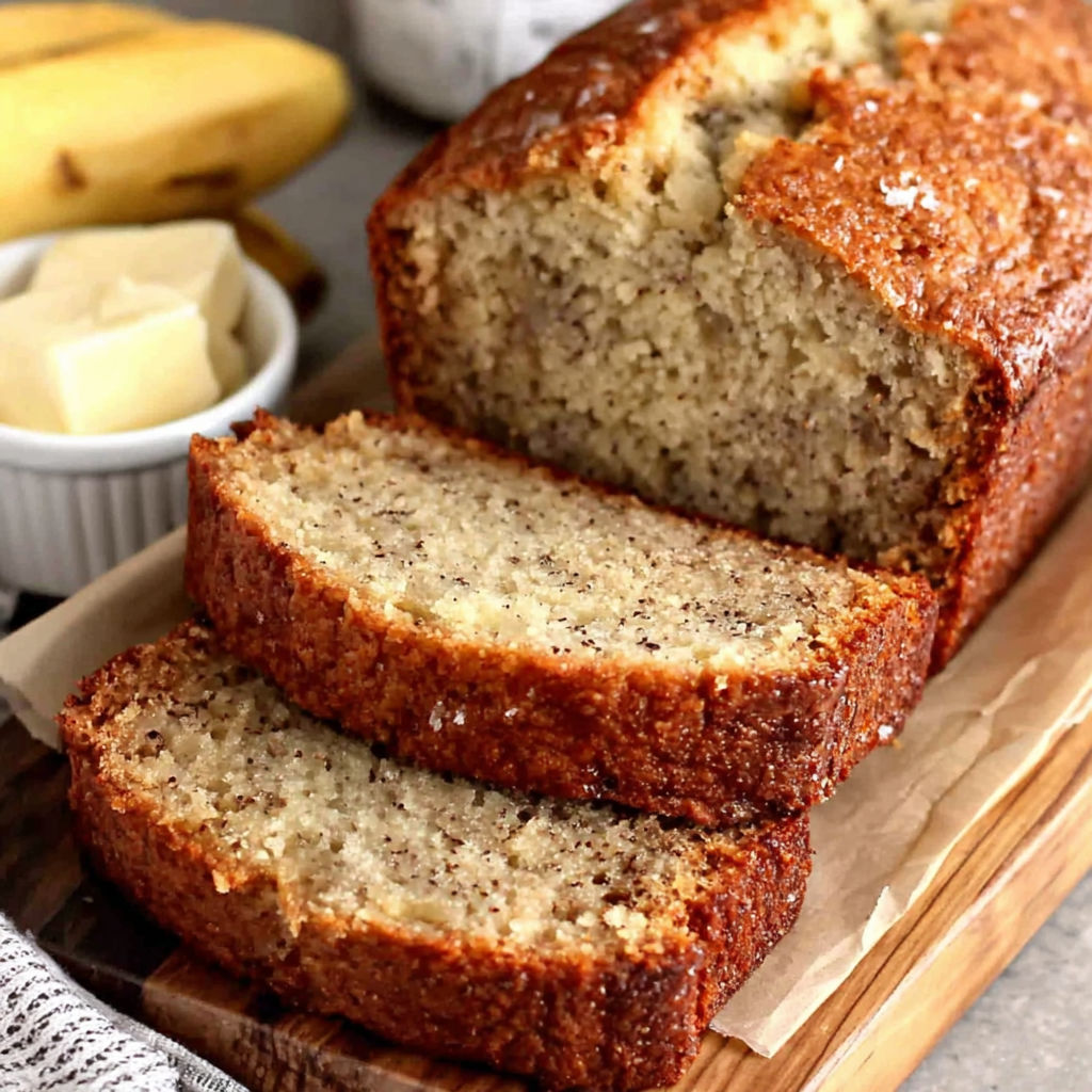 A loaf of banana bread sits on a wooden cutting board.