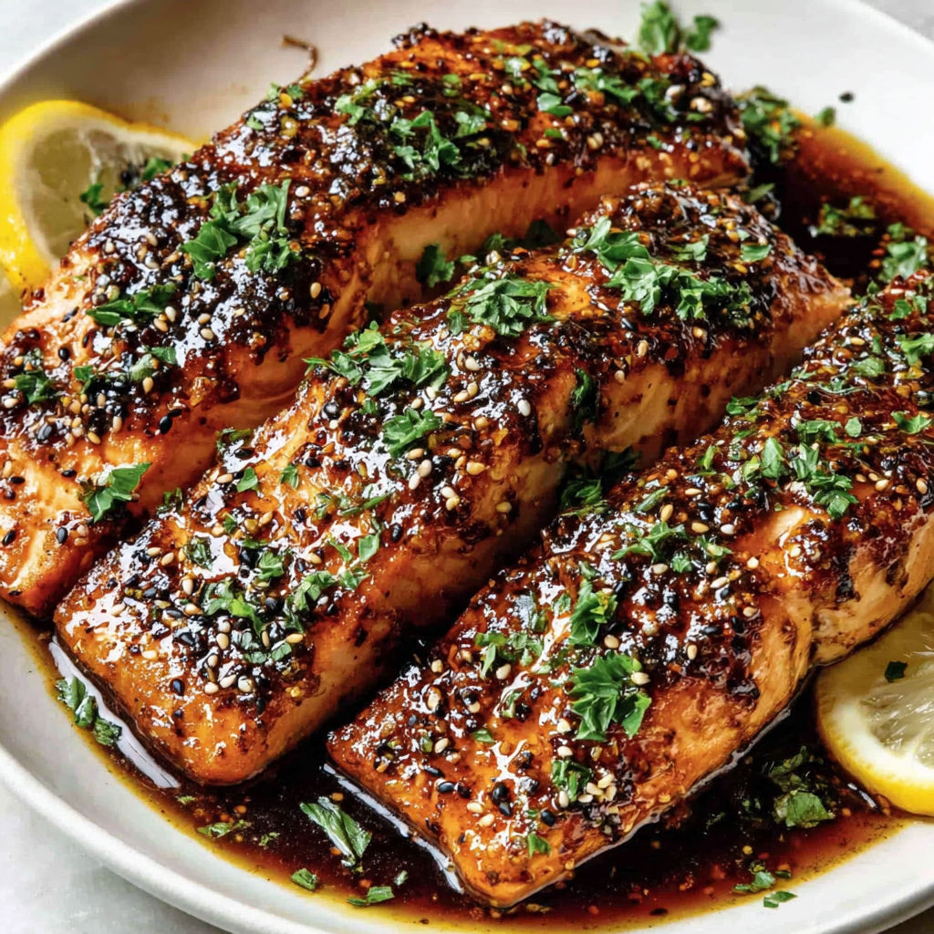 A plate of salmon with a lemon wedge on top.