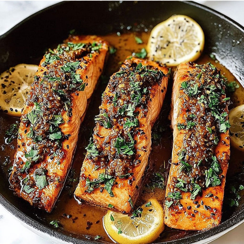 A pan of fish with lemon slices on top.
