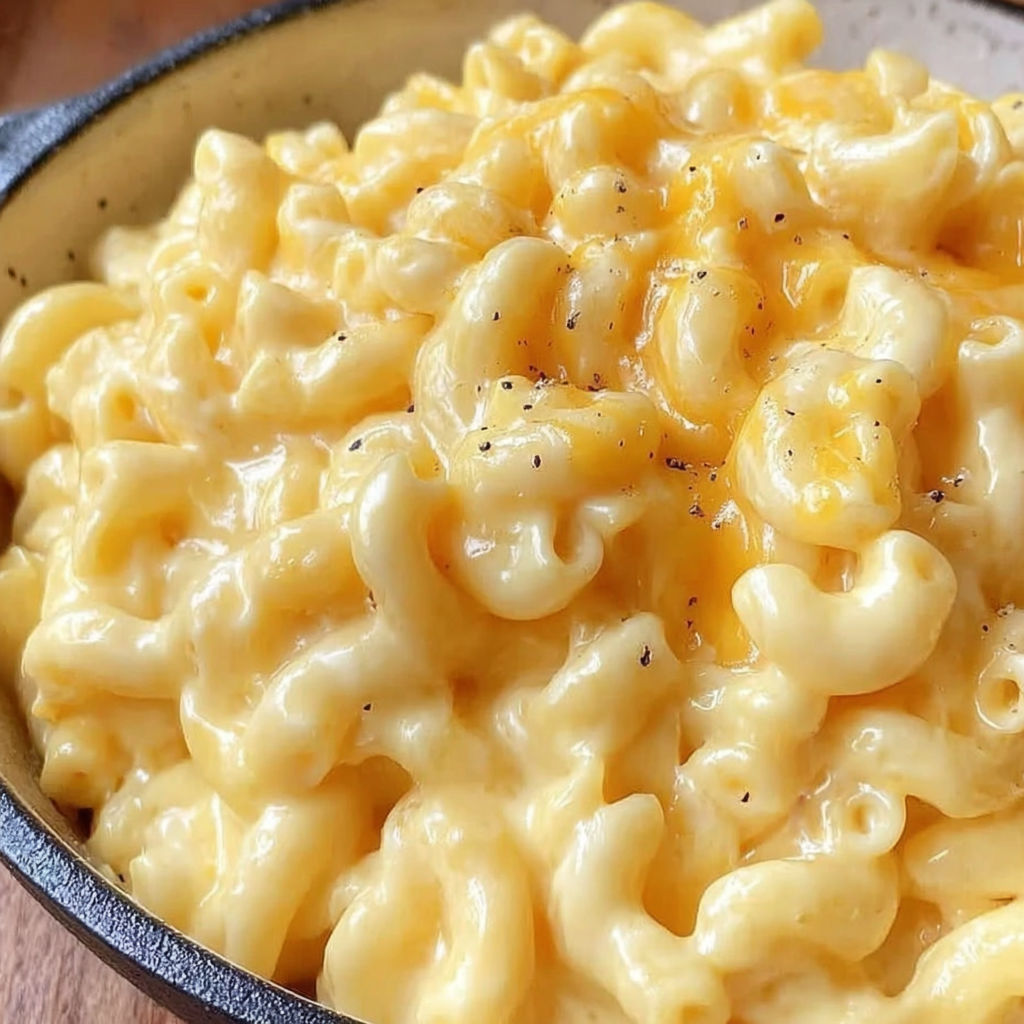 A bowl of macaroni and cheese.