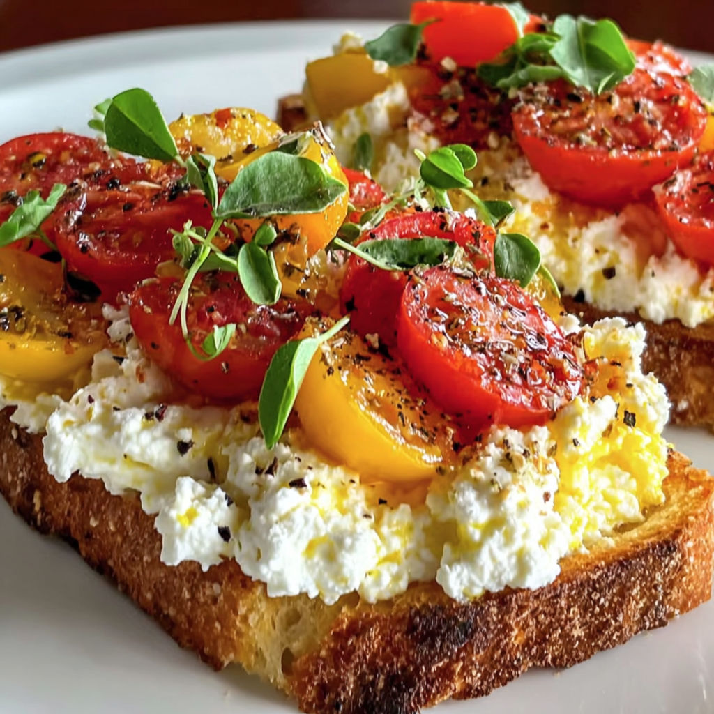 A slice of toast with tomatoes and cottage cheese.