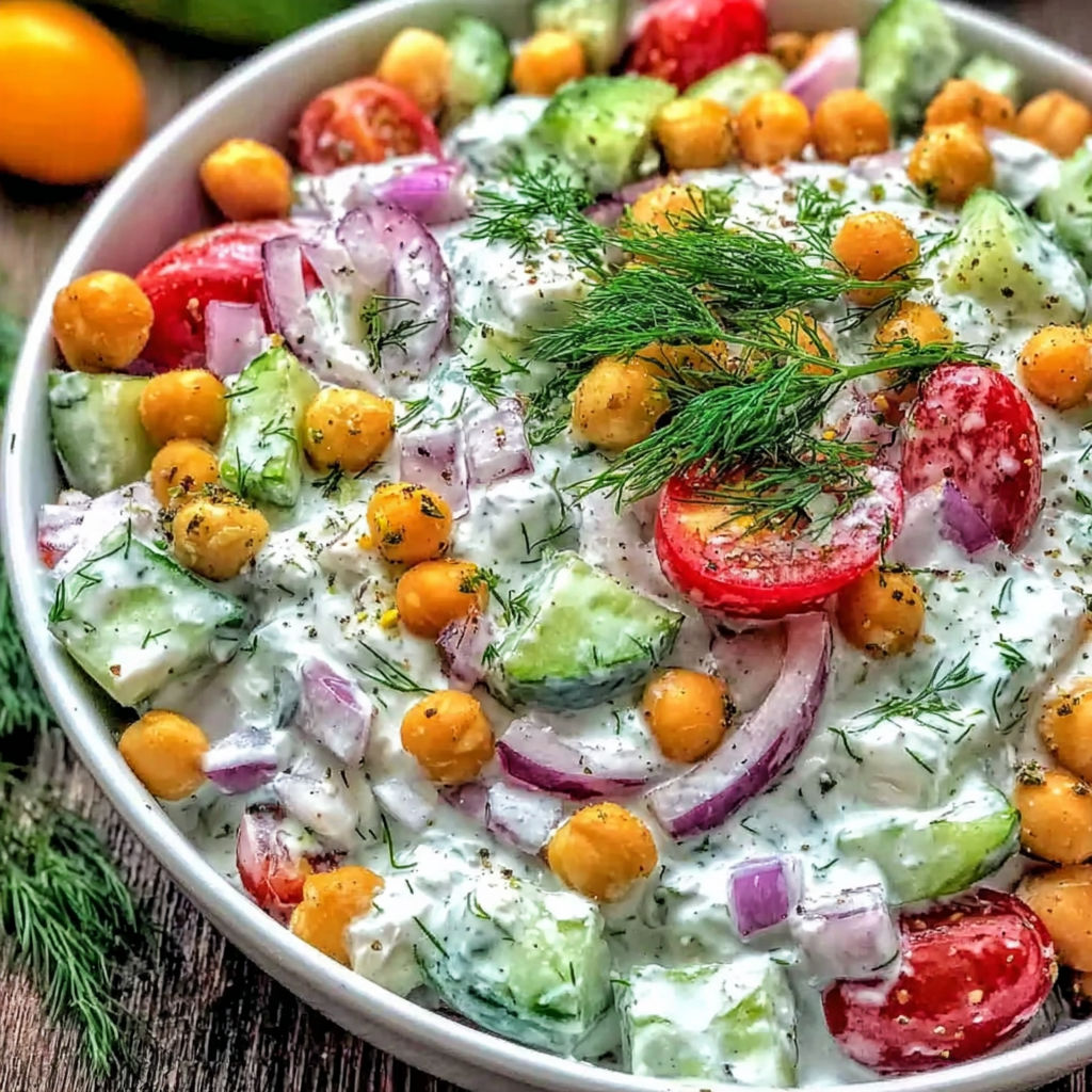 A bowl of chickpea salad with tomatoes, cucumbers, and onions.