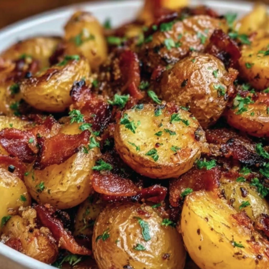 A bowl of crispy bacon honey roasted potatoes.