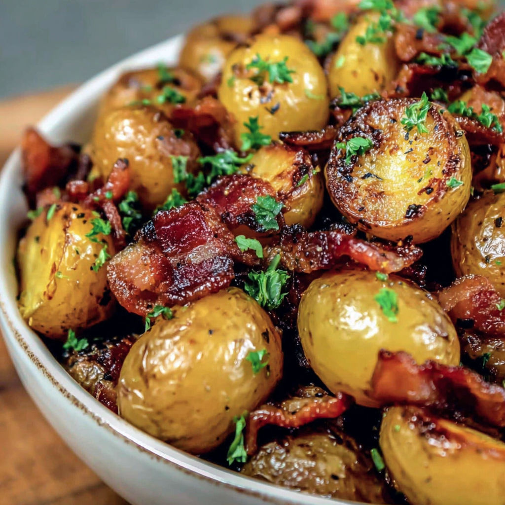 A bowl of food with bacon and potatoes.