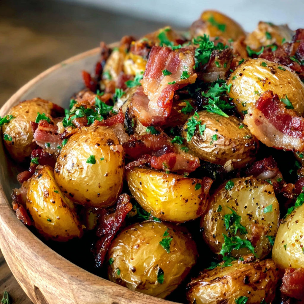 A bowl of bacon and potatoes.