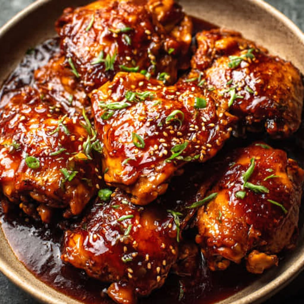 A bowl of chicken thighs with a honey garlic sauce.