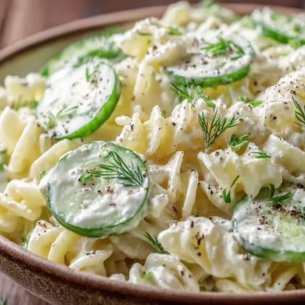 A bowl of pasta salad with cucumber and cheese.