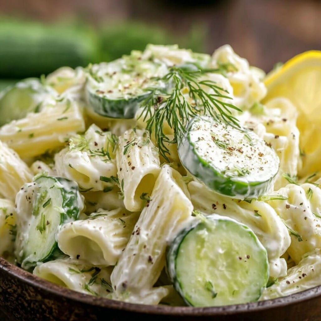 A bowl of pasta with cucumbers and herbs.
