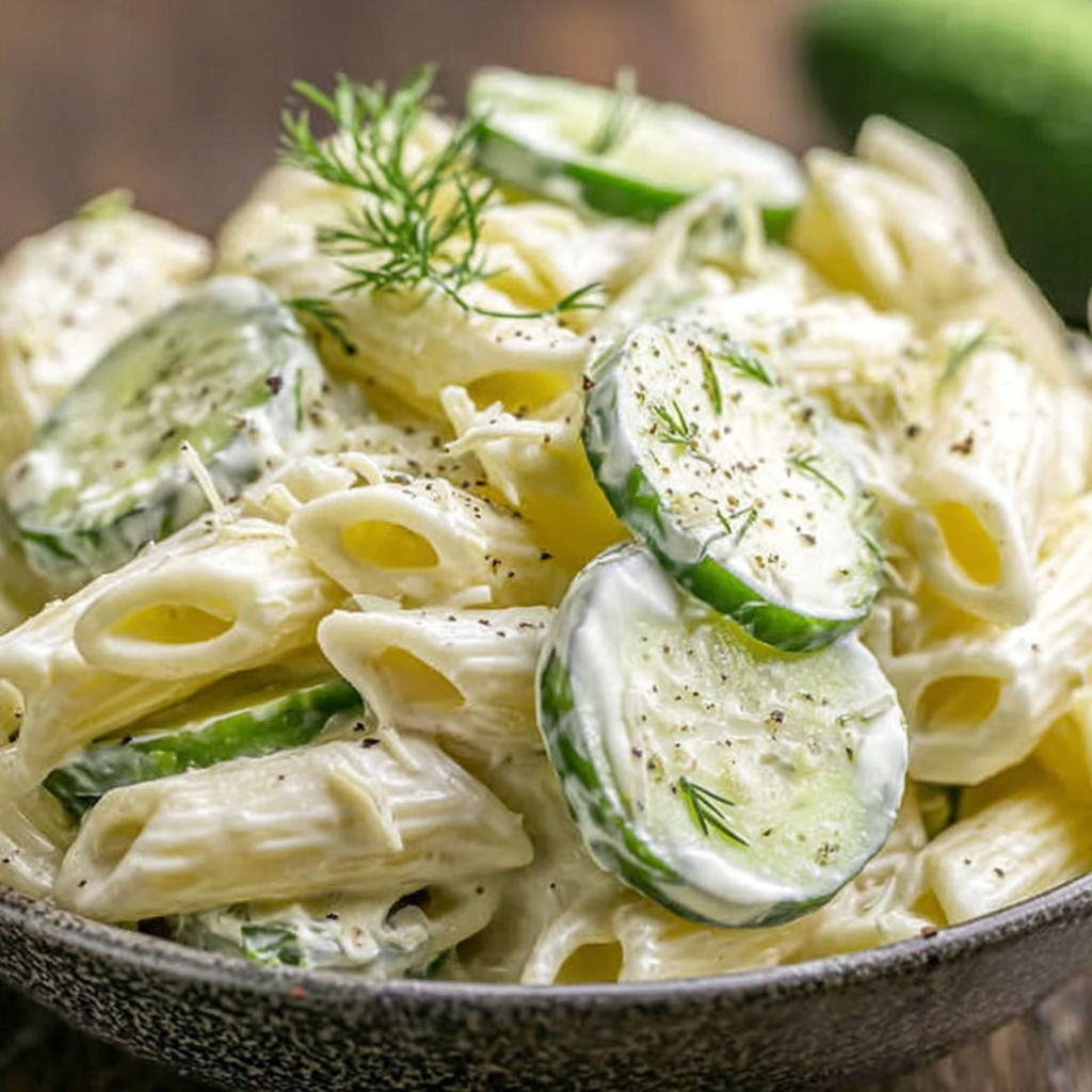A bowl of pasta with cucumber slices on top.